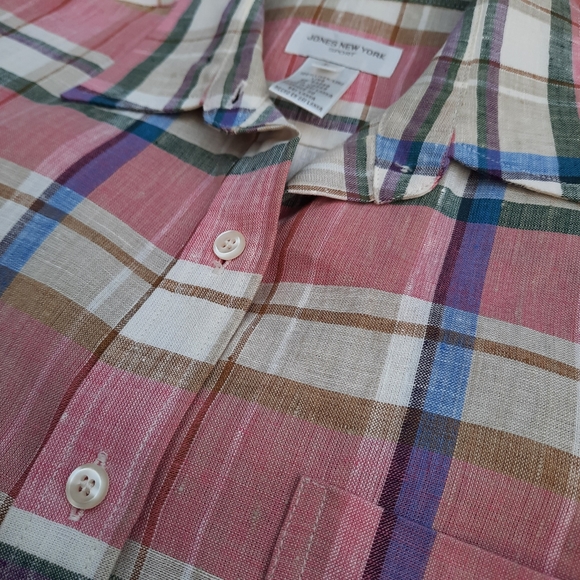 Vintage 90's JNY Linen Plaid Button Down Blouse Top Lagenlook Career - Picture 7 of 8